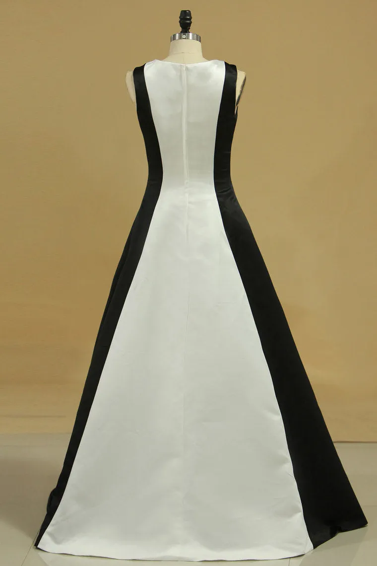 2024 Bicolor Scoop Evening Dresses A Line Satin Floor Length