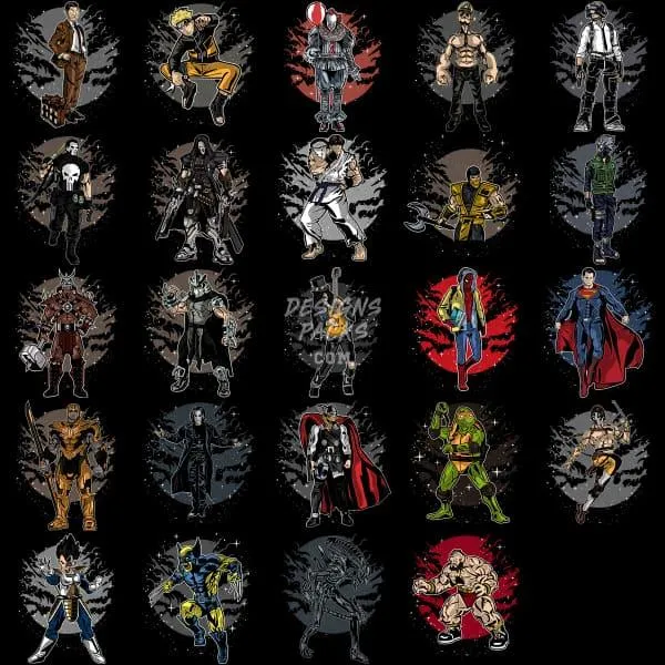 47 Pop culture Heroes Mix Designs Bundle PNG CDR AI SVG