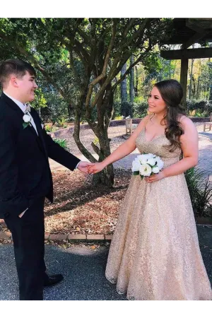 A Line Gold Lace Formal Prom Dresses V Neck