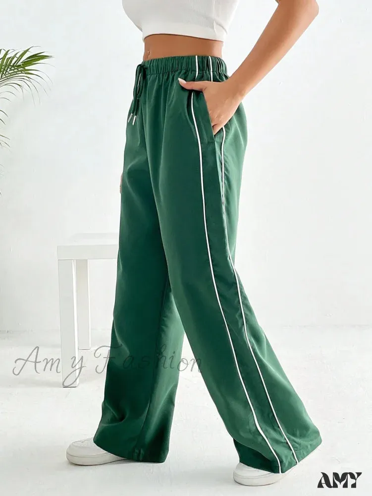 Amy Fashion - Piping Drawstring Waist Wide Leg Pants