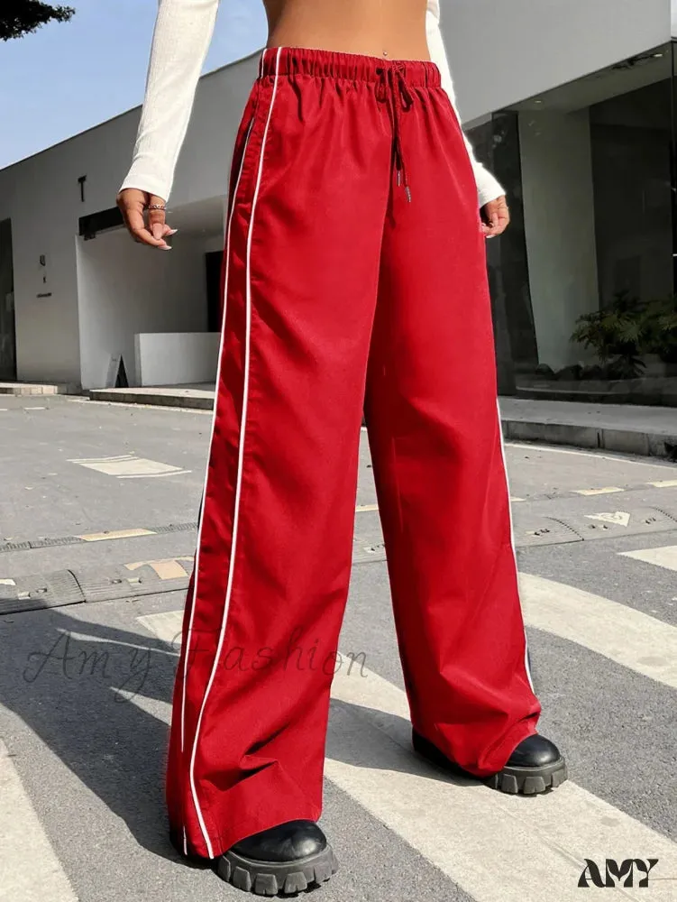 Amy Fashion - Piping Drawstring Waist Wide Leg Pants