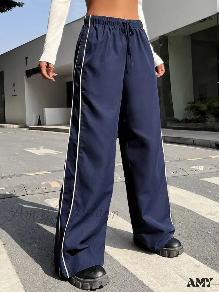 Amy Fashion - Piping Drawstring Waist Wide Leg Pants