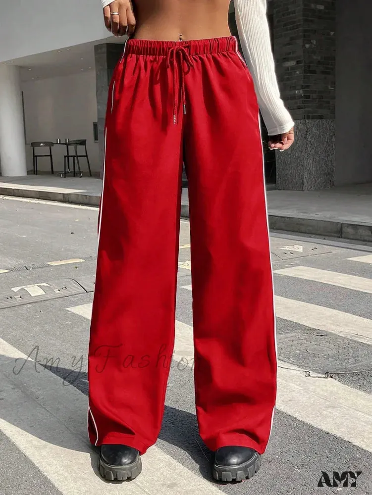 Amy Fashion - Piping Drawstring Waist Wide Leg Pants