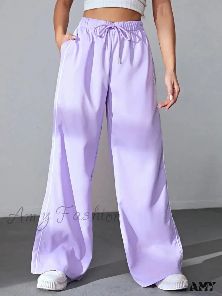 Amy Fashion - Piping Drawstring Waist Wide Leg Pants