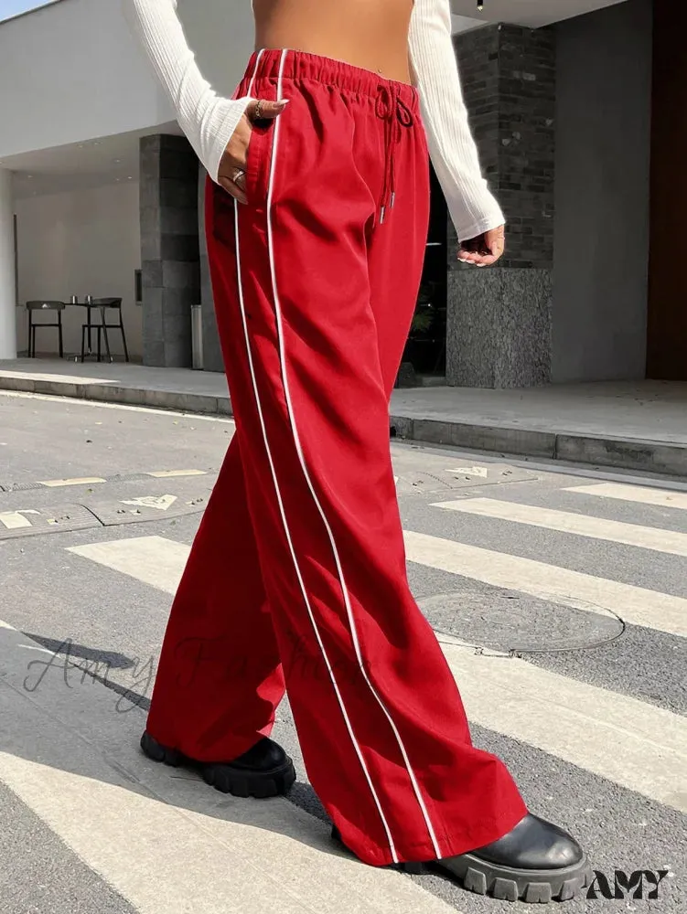 Amy Fashion - Piping Drawstring Waist Wide Leg Pants