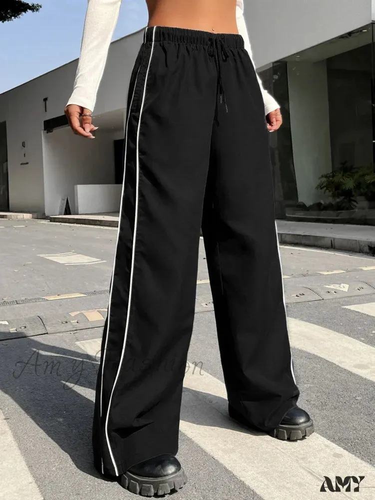 Amy Fashion - Piping Drawstring Waist Wide Leg Pants