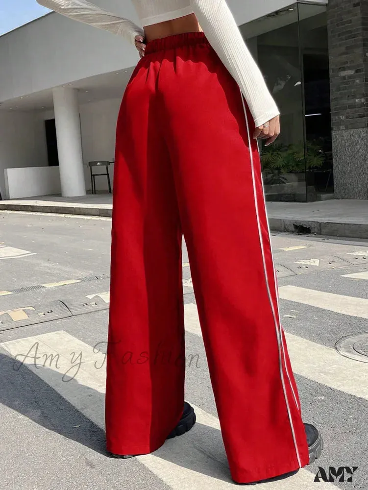 Amy Fashion - Piping Drawstring Waist Wide Leg Pants