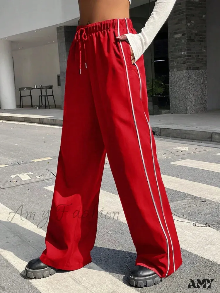 Amy Fashion - Piping Drawstring Waist Wide Leg Pants