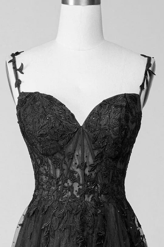 Black A-line 2025 Prom Dress Lace Applique Sweetheart Tulle Evening Dress UK