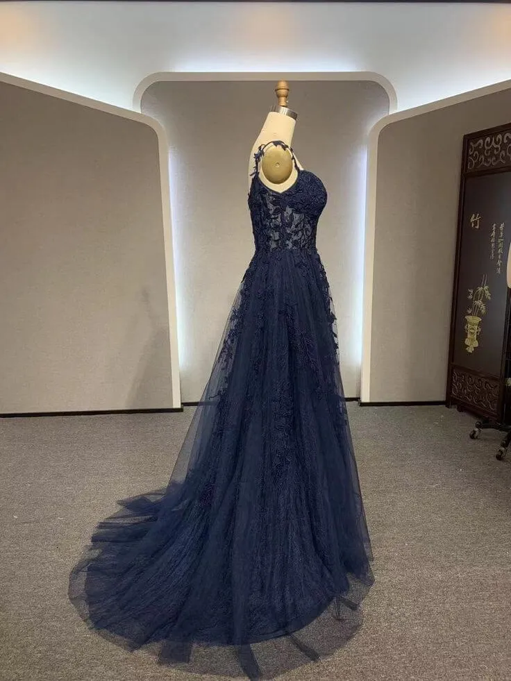 Black A-line 2025 Prom Dress Lace Applique Sweetheart Tulle Evening Dress UK