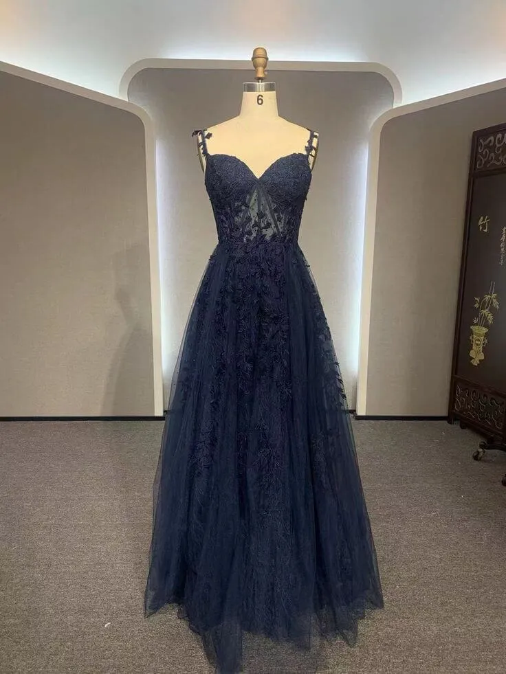 Black A-line 2025 Prom Dress Lace Applique Sweetheart Tulle Evening Dress UK