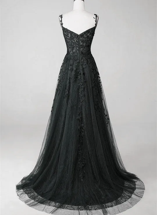 Black A-line 2025 Prom Dress Lace Applique Sweetheart Tulle Evening Dress UK