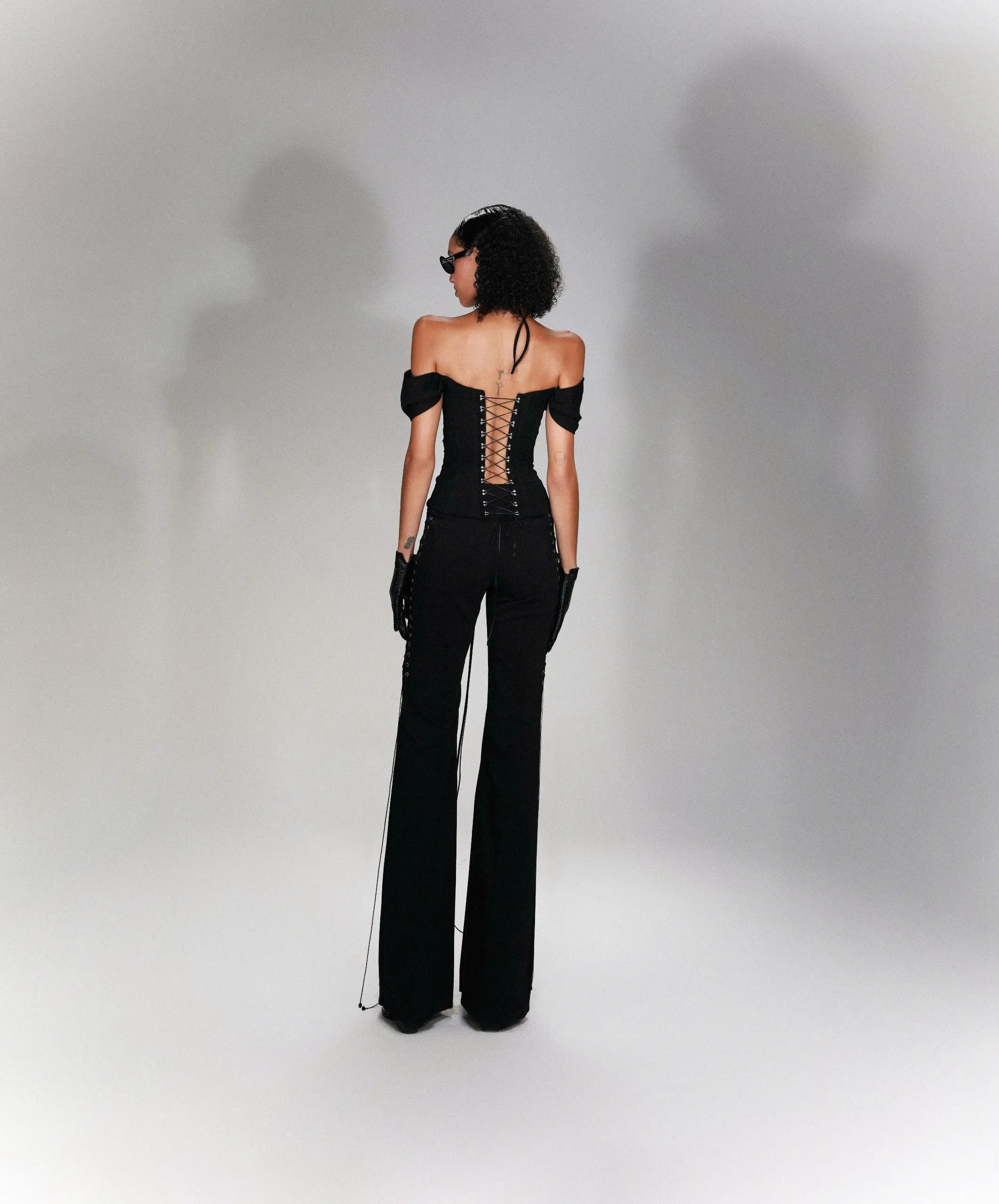 BLACK LACE UP FLARE TROUSERS