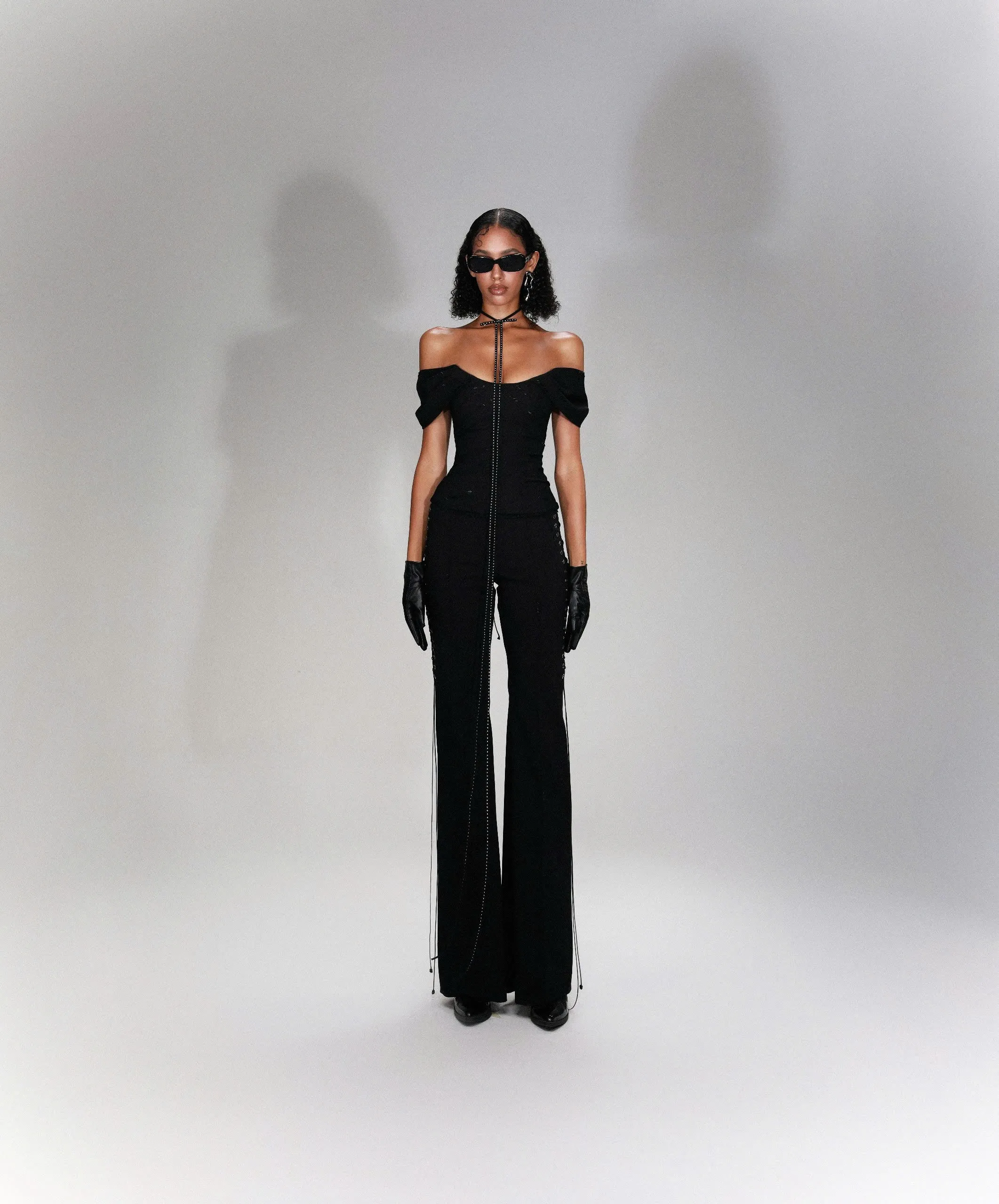 BLACK LACE UP FLARE TROUSERS