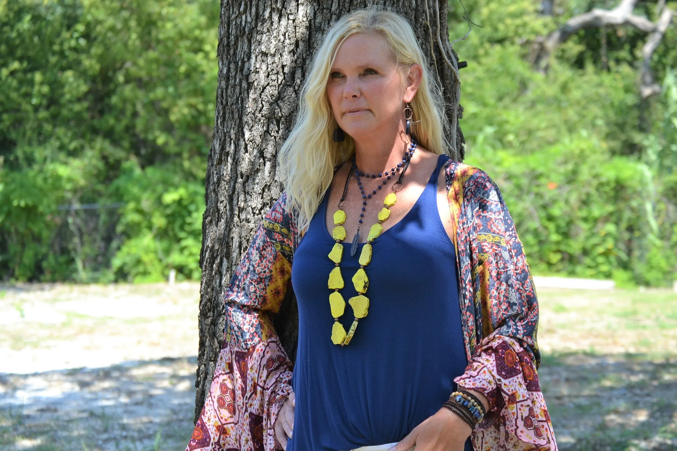 Blue Lapis Double Strand Lariat Necklace with Copper Feather 244z
