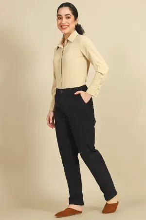 Blue Solid Cotton Blend Straight Pants