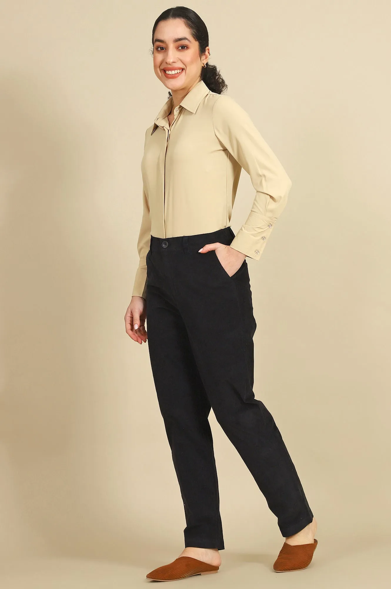 Blue Solid Cotton Blend Straight Pants