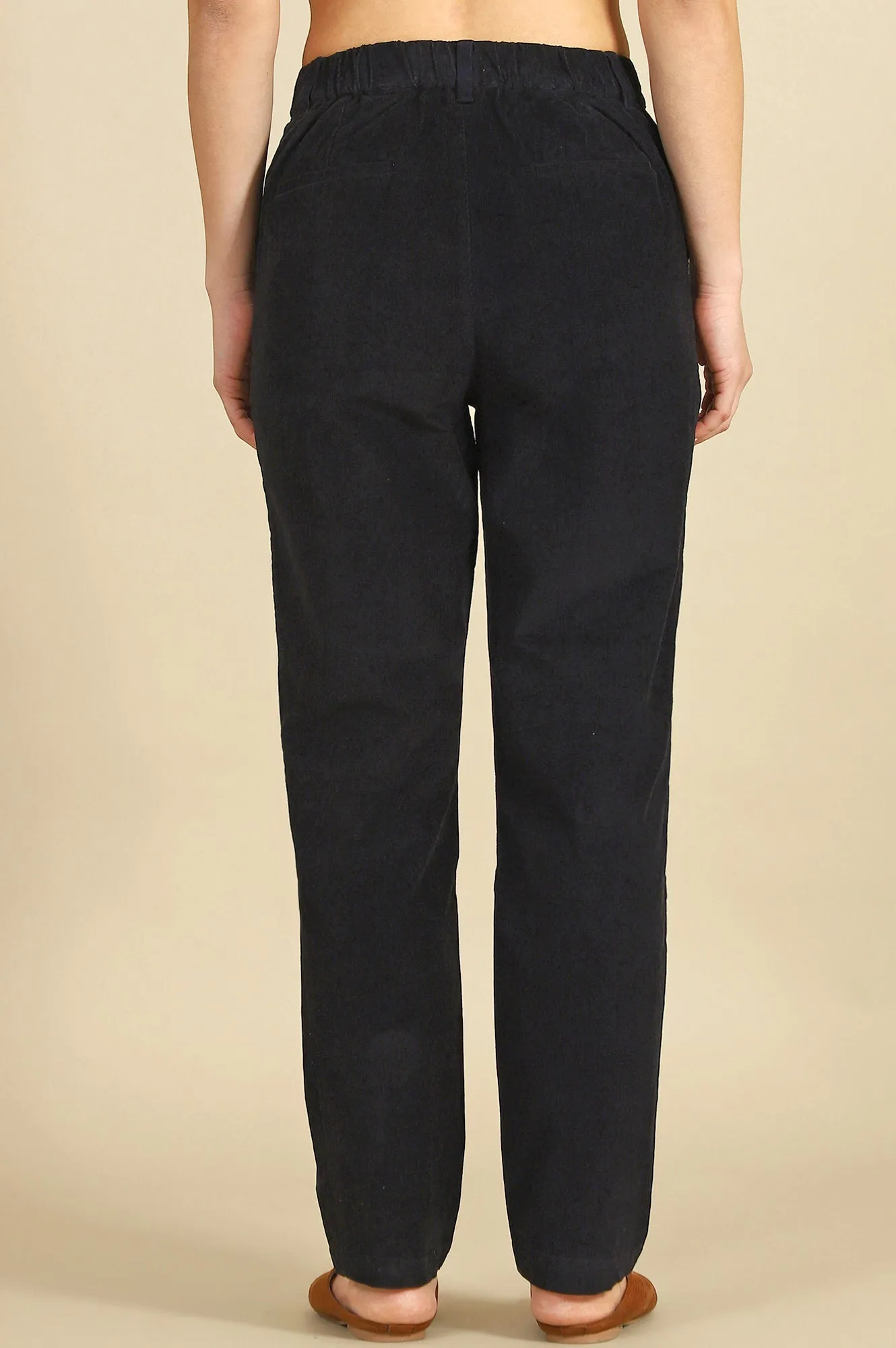 Blue Solid Cotton Blend Straight Pants