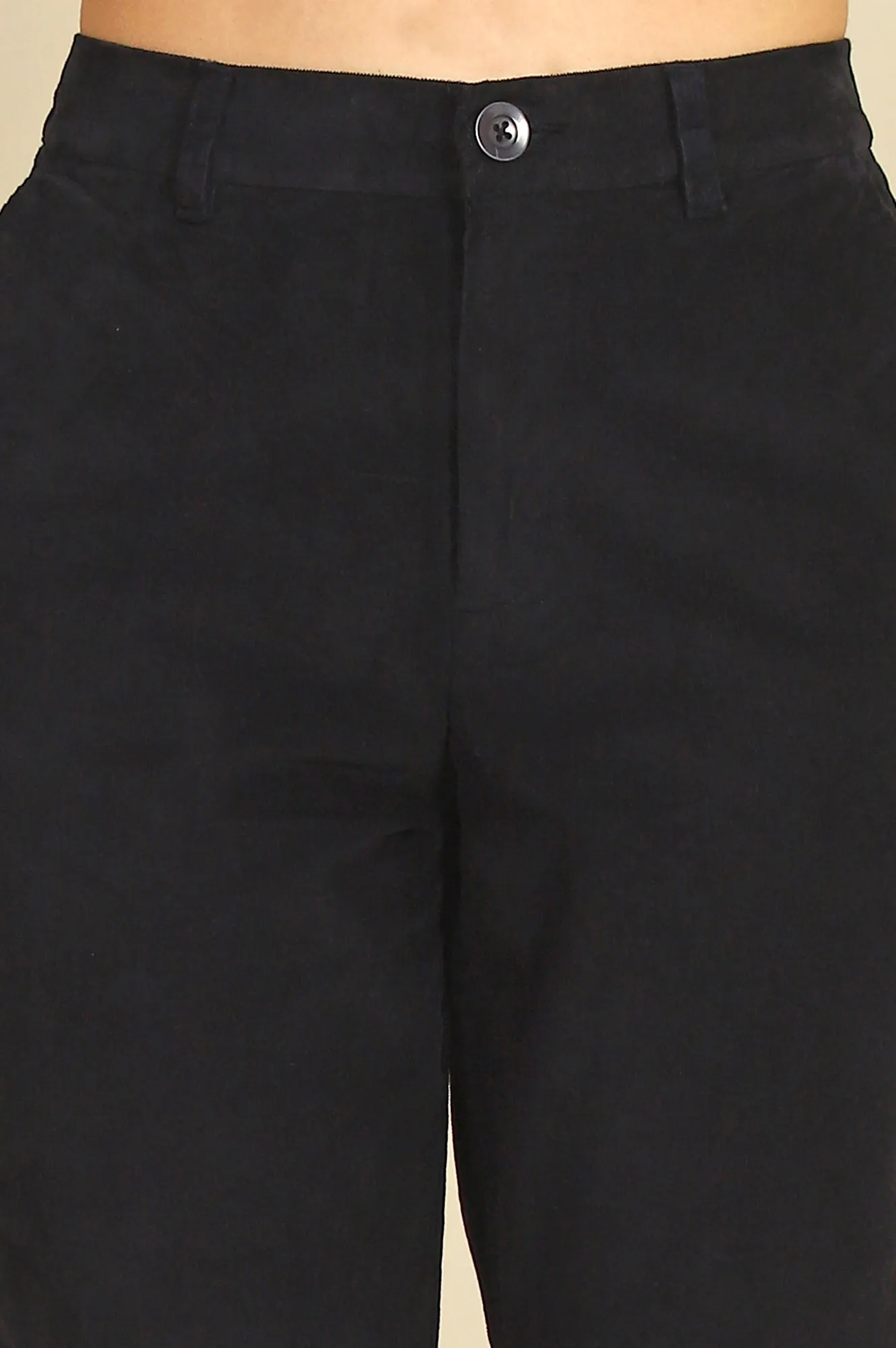 Blue Solid Cotton Blend Straight Pants