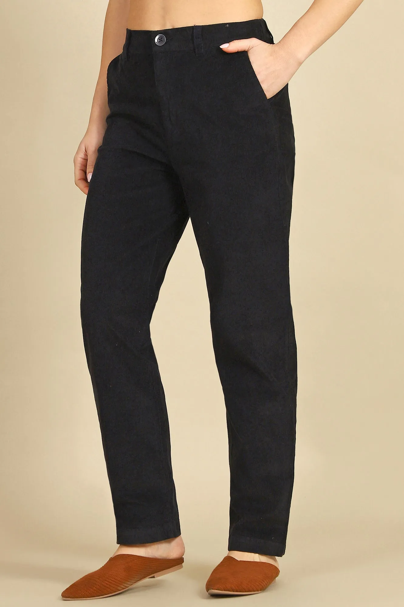 Blue Solid Cotton Blend Straight Pants