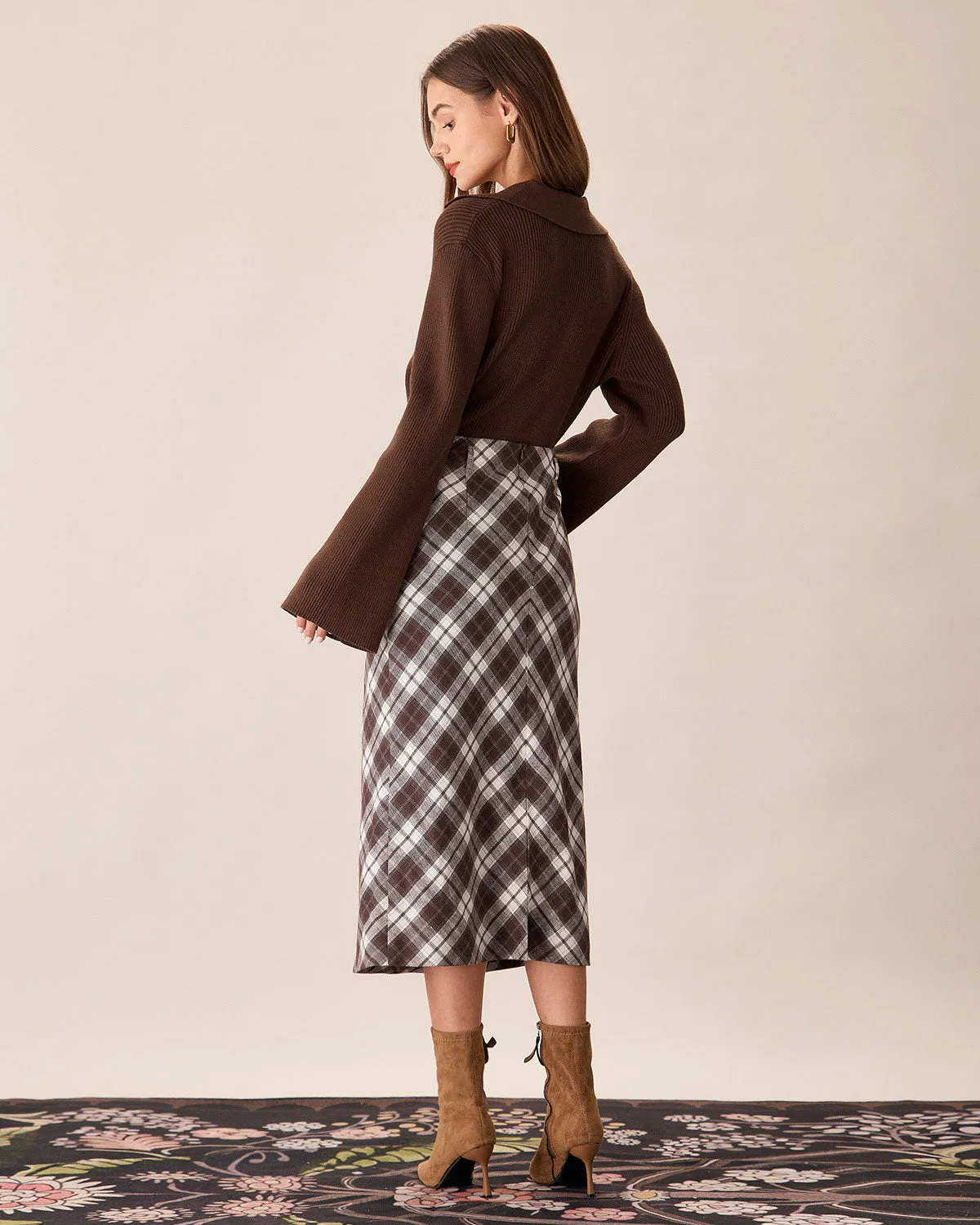 Brown Bell Sleeve Single-Breasted Cardigan
