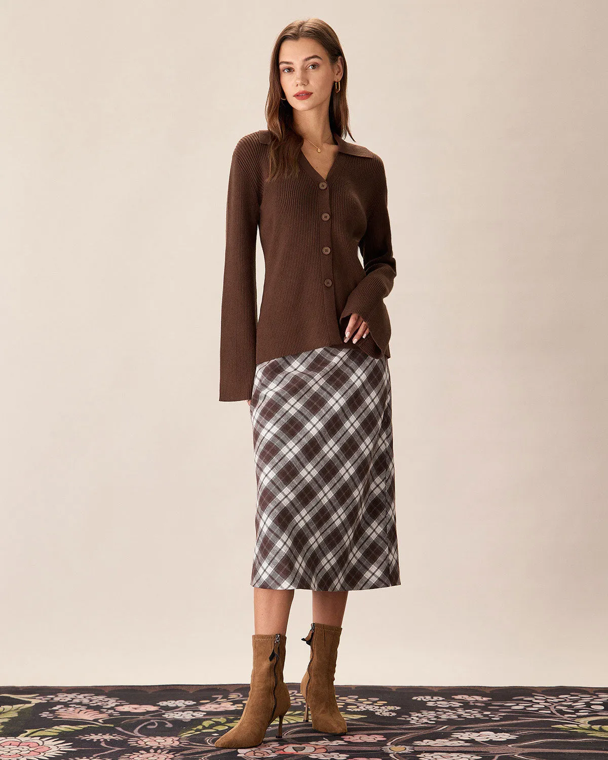 Brown Bell Sleeve Single-Breasted Cardigan