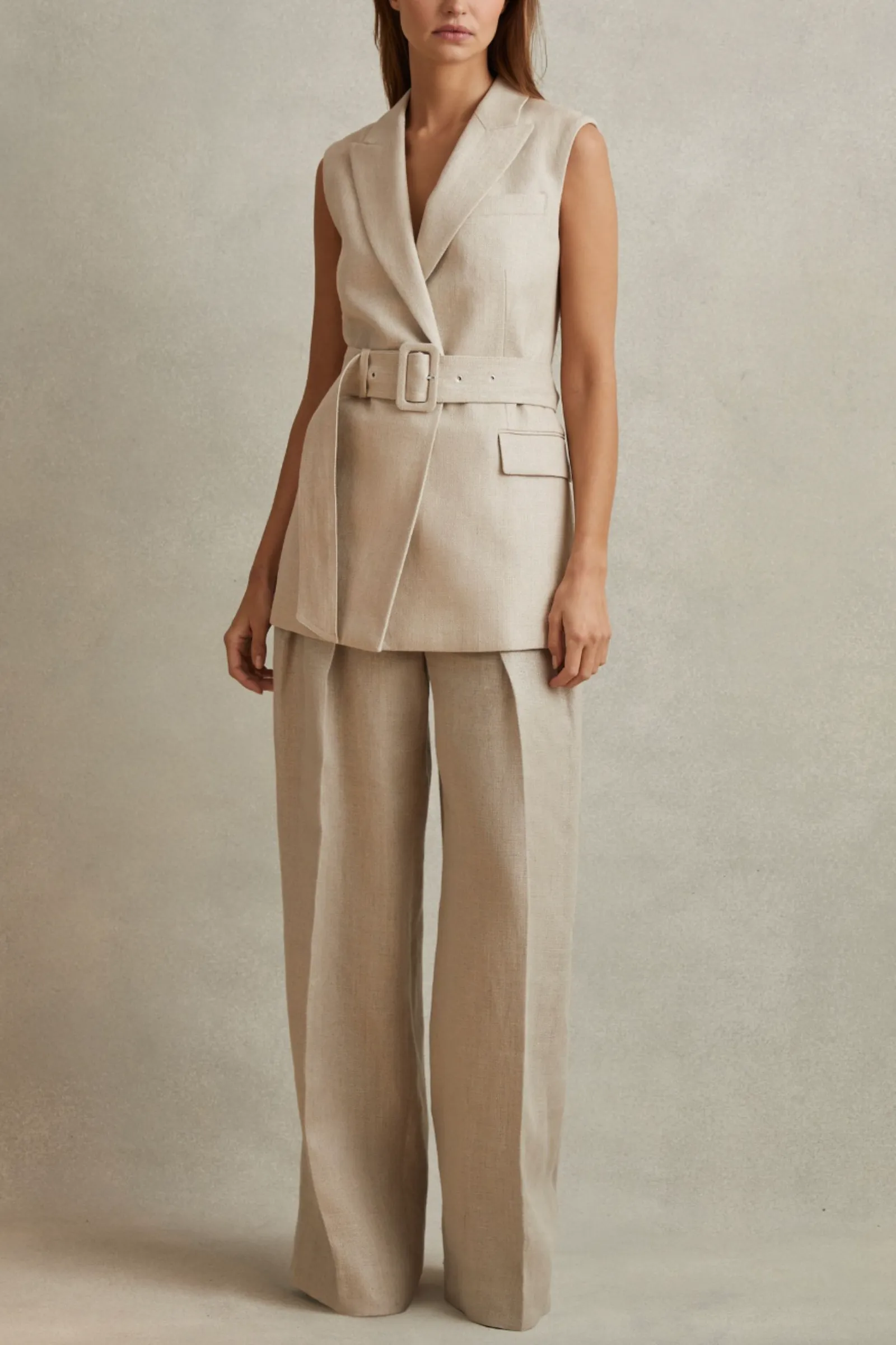 Cassie Belted Waistcoat and Linen Wide Leg Suit Trousers