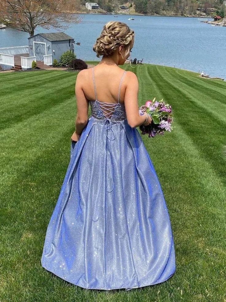 Chic Blue Satin Appliques Long Evening Dress Prom Dress  SH999
