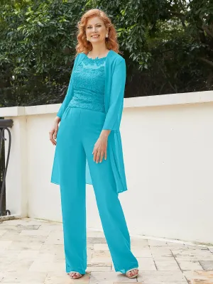 Chic Lace Top Pant Suit with Jacket Jade