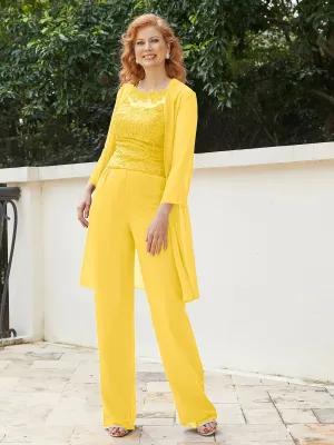 Chic Lace Top Pant Suit with Jacket Marigold