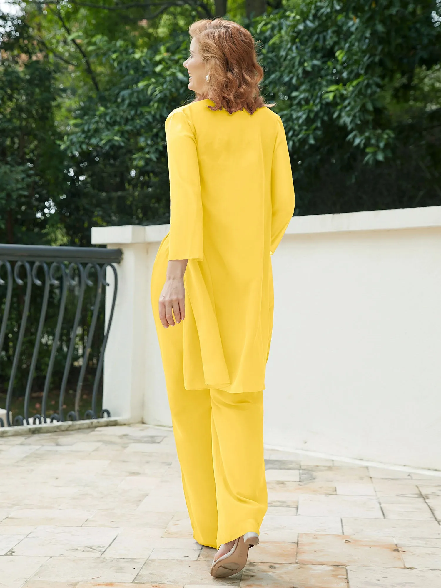Chic Lace Top Pant Suit with Jacket Marigold
