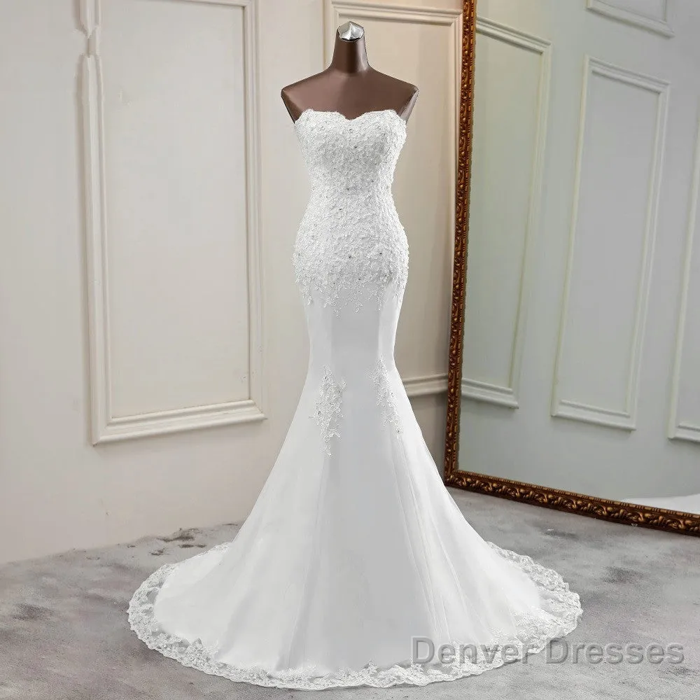 Chic Long Mermaid Strapless Lace Appliques Wedding Dress