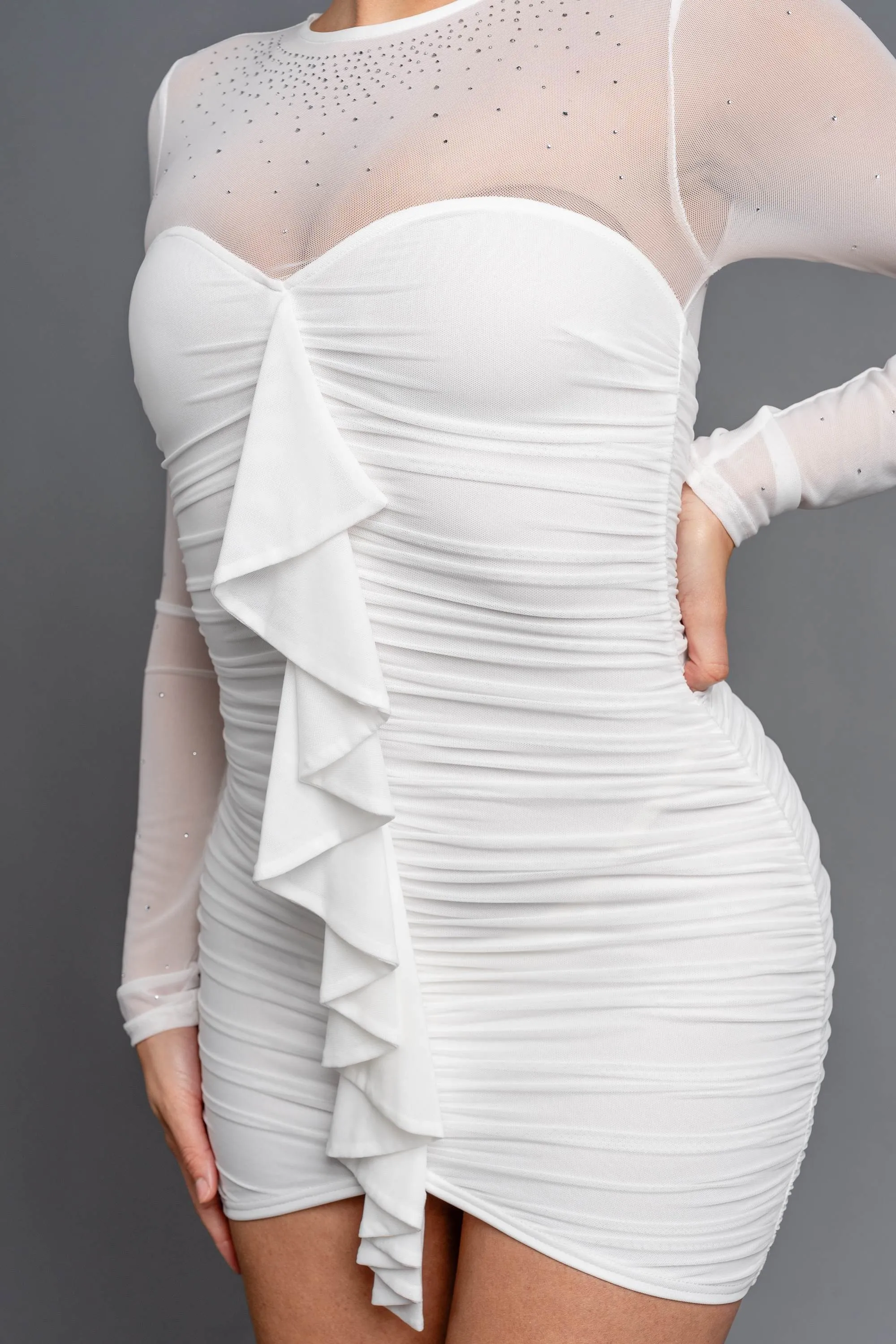 CHIC MESH HOTFIX STONES NECKLINE RUCHED MINI DRESS
