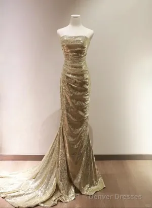 Chic Sequins Mermaid Scoop Long Formal Dress, Gold Long Prom Dress Party Dress