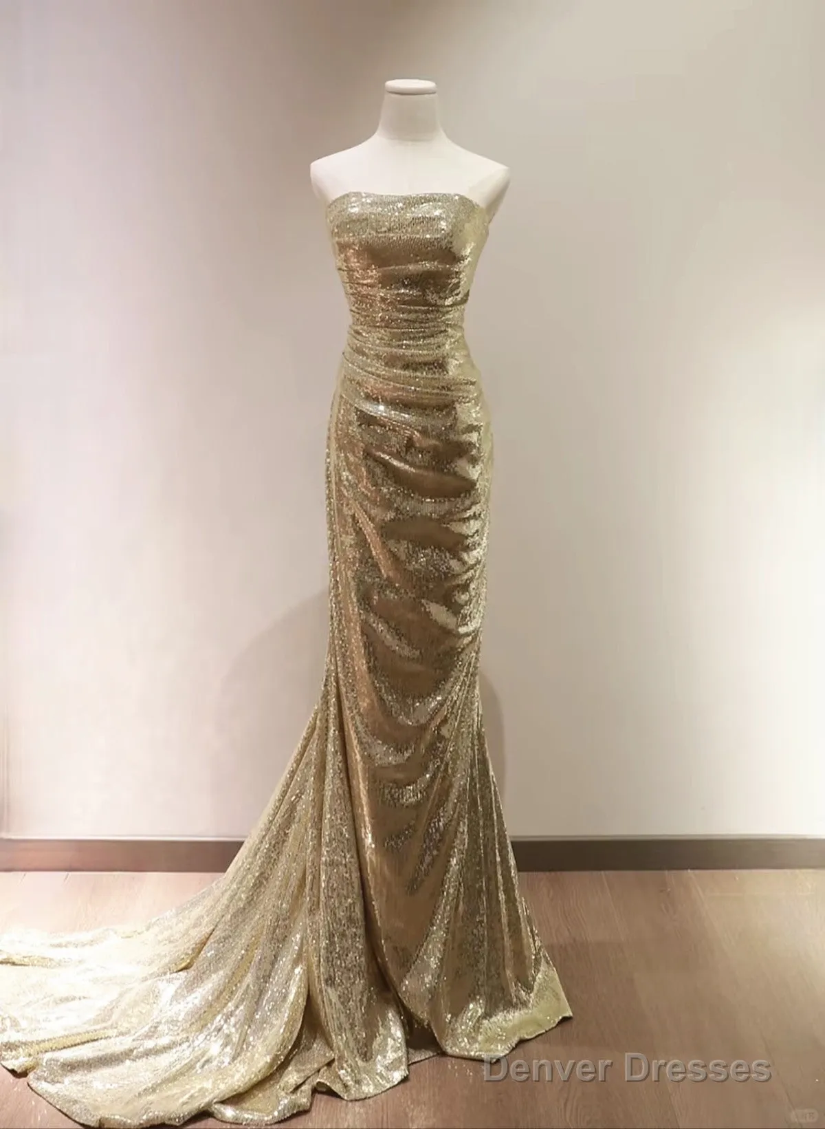 Chic Sequins Mermaid Scoop Long Formal Dress, Gold Long Prom Dress Party Dress