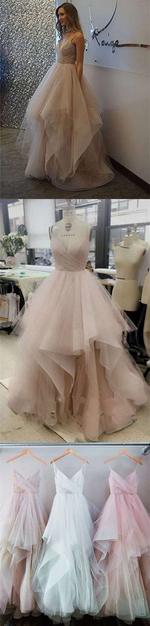 Chic Tulle Spaghetti Straps Floor Length Long Prom Dresses, Evening Dresses, MP176