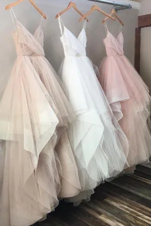 Chic Tulle Spaghetti Straps Floor Length Long Prom Dresses, Evening Dresses, MP176