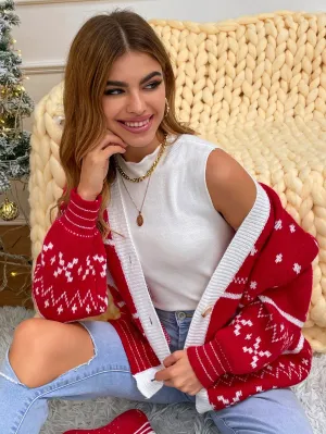 Christmas Holiday Deer Pattern Button-Up Red Sweater Cardigan MYWU0846HO