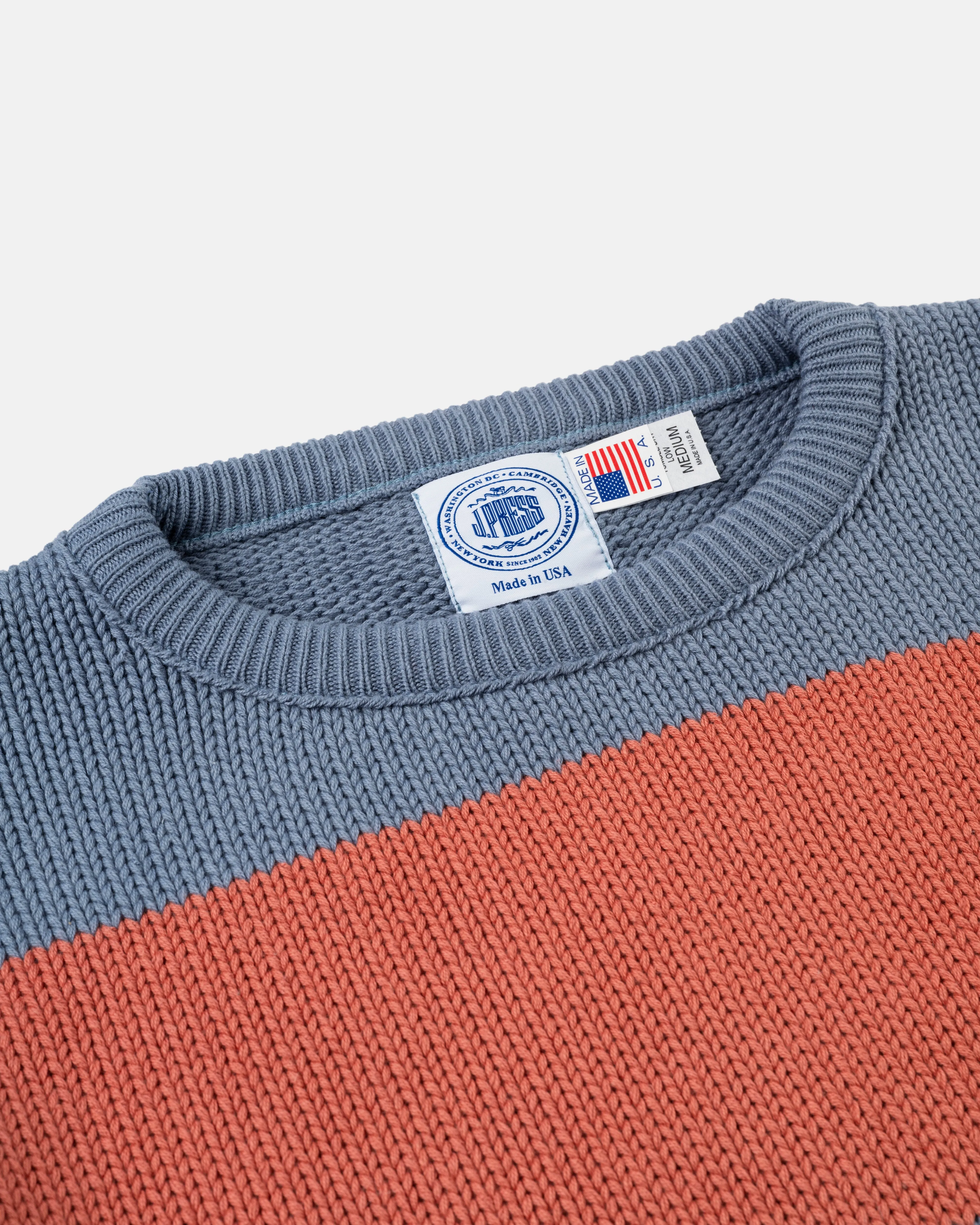 CHUNKY COTTON STRIPE CREW NECK SWEATER - BLUE/RED
