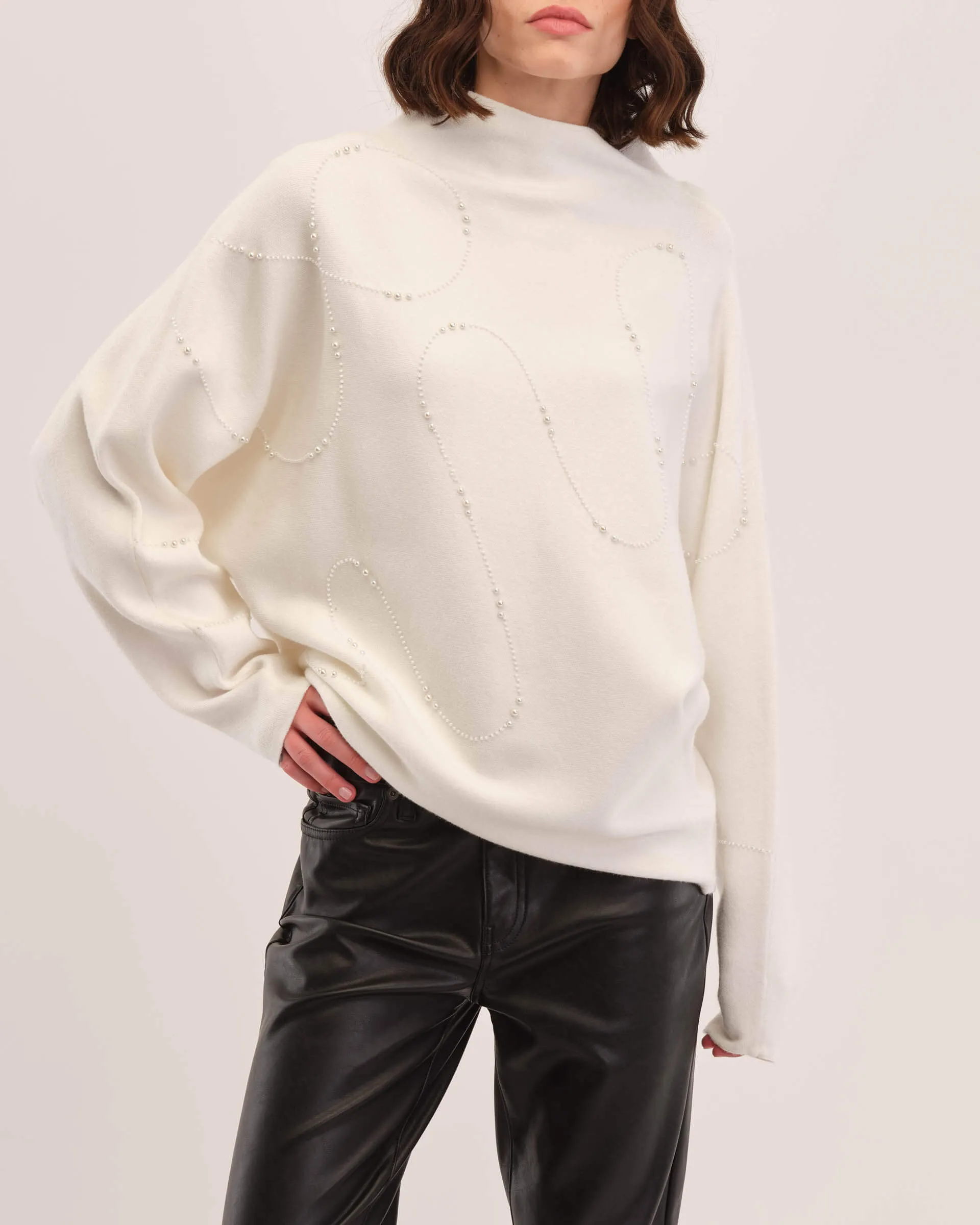 Cozy Pearl Beaded Funnel Neck Sweater