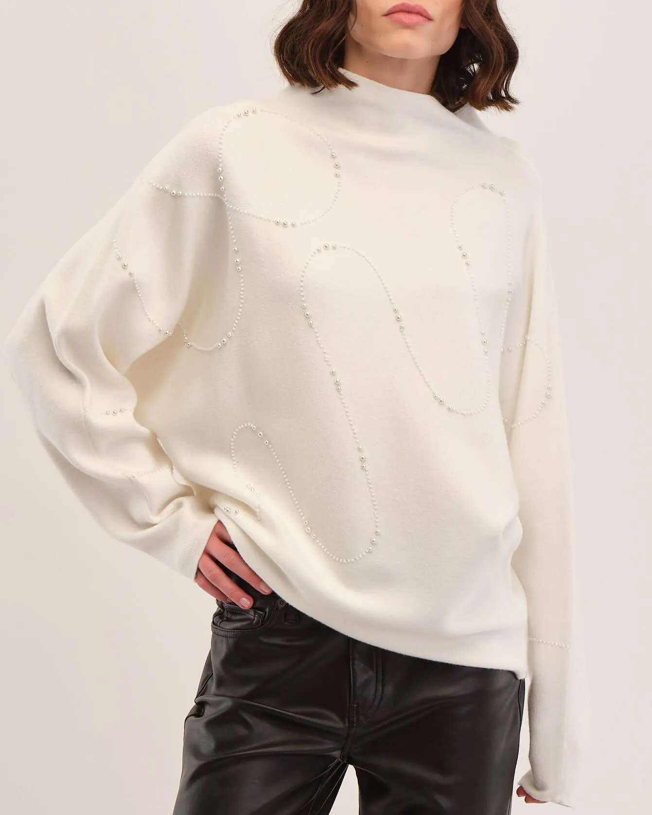 Cozy Pearl Beaded Funnel Neck Sweater