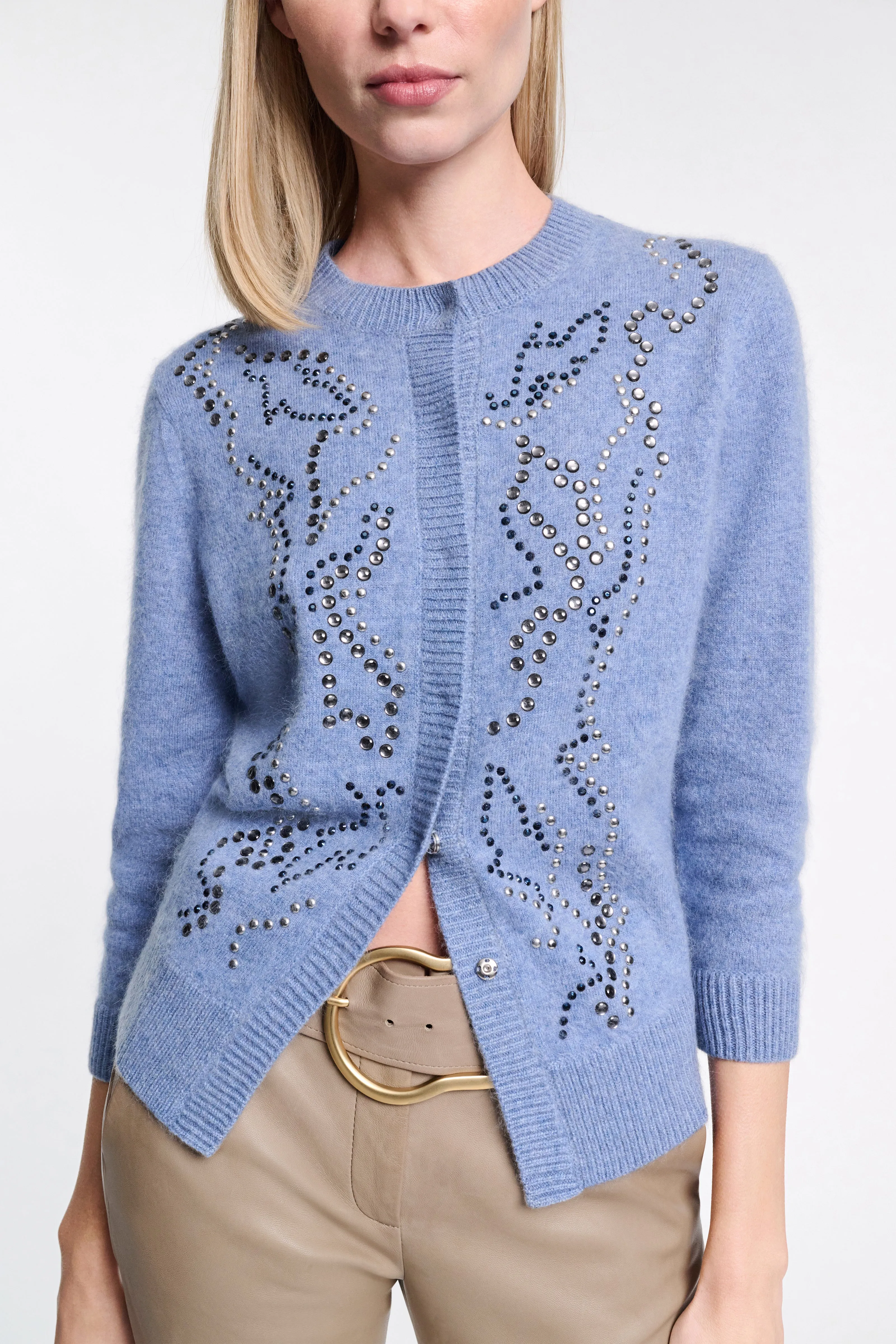Dorothee Schumacher Fluffy Knit Embellished Cardigan in Blue