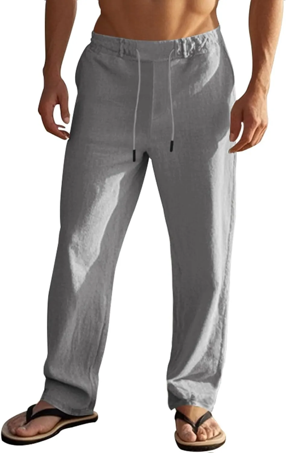 evzosrz Linen Pants fo Men Casual High Waisted Elastic Drawstring Trousers Straight Legs Cotton Linen Fashion 2025 Beach Pant