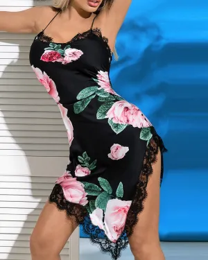 Eyelash Lace Trim Slit Floral Print Dress