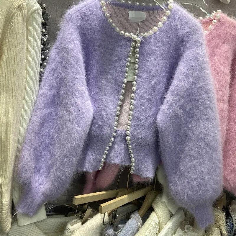 Fashion Pearl Imitation Mink Cashmere Sweaters Cardigan Winter Women Sofit Warm Knitted Lantern Sleeve Loose Solid Cardigan coat
