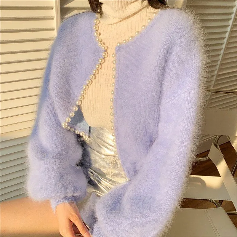 Fashion Pearl Imitation Mink Cashmere Sweaters Cardigan Winter Women Sofit Warm Knitted Lantern Sleeve Loose Solid Cardigan coat