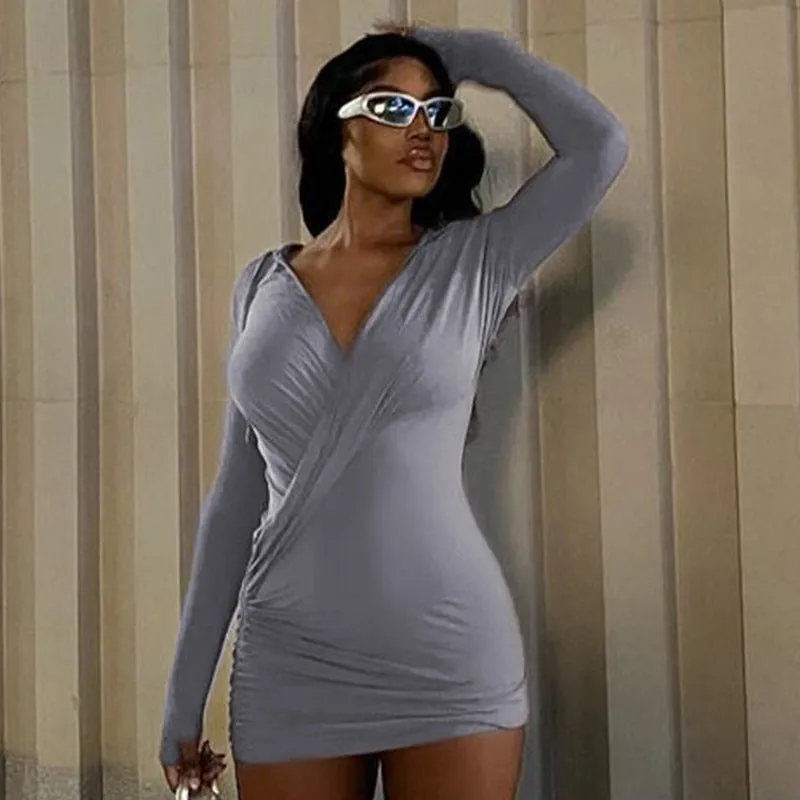 Fashionable V-Neck Hooded Bodycon Ruched Long Sleeve Bodycon Dress