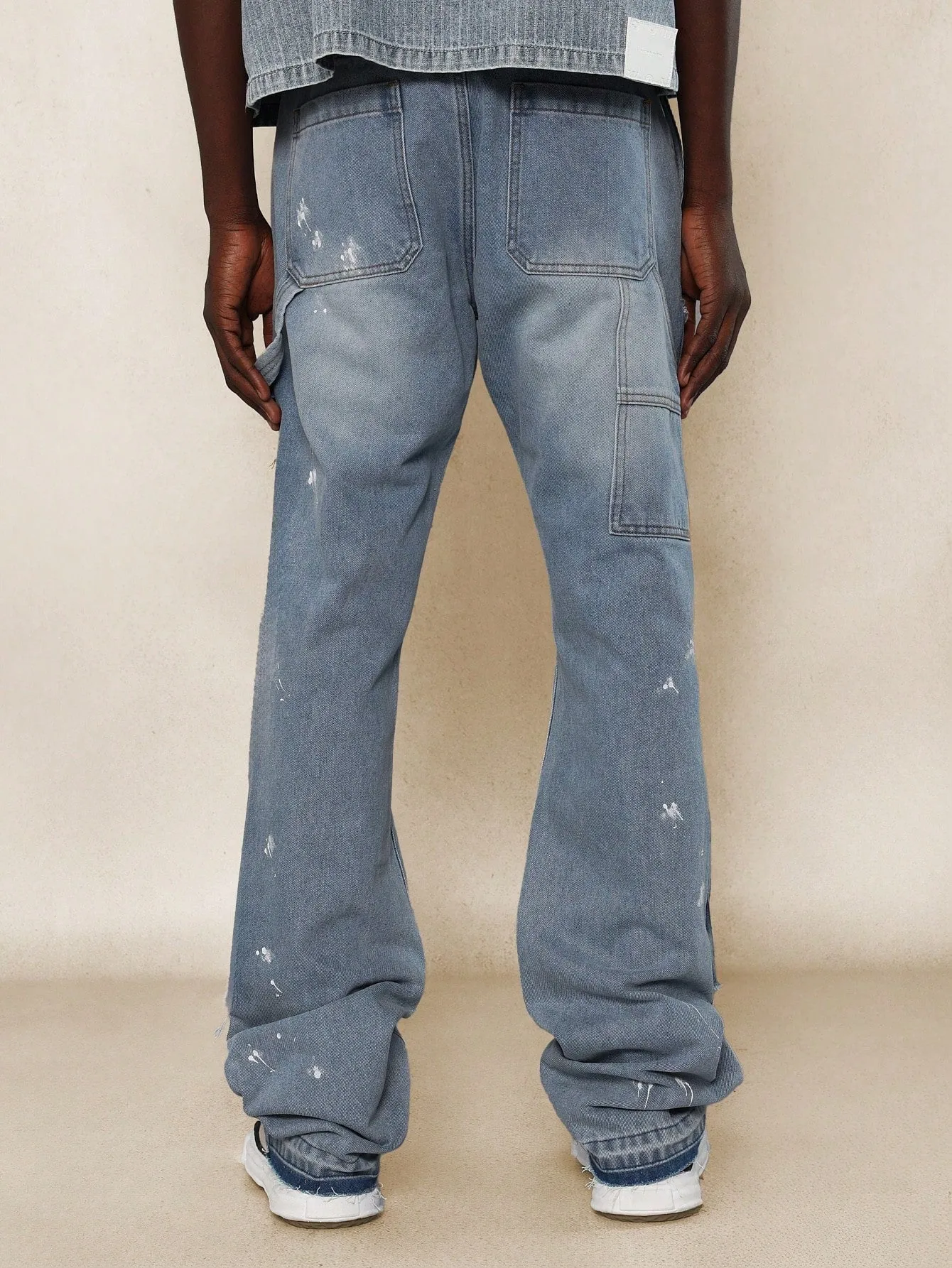 Flare Fit Denim Jean With Side Raw Edge Ripped Detail & Splatter Paint