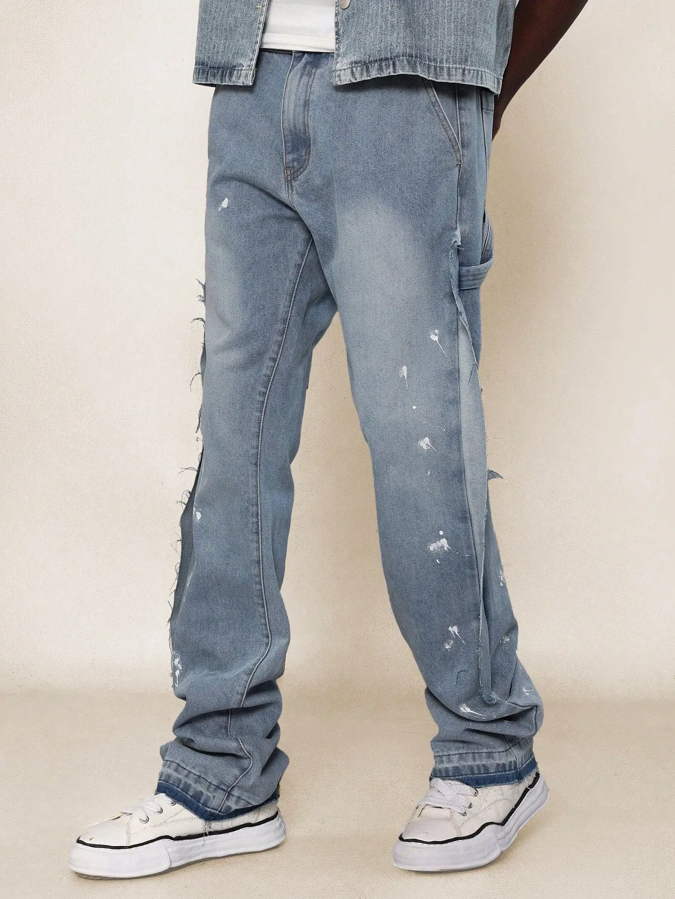 Flare Fit Denim Jean With Side Raw Edge Ripped Detail & Splatter Paint