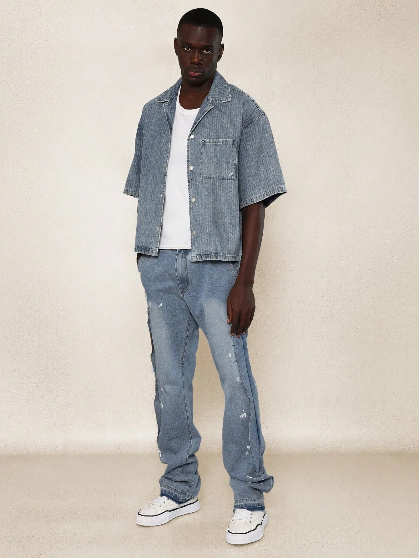 Flare Fit Denim Jean With Side Raw Edge Ripped Detail & Splatter Paint